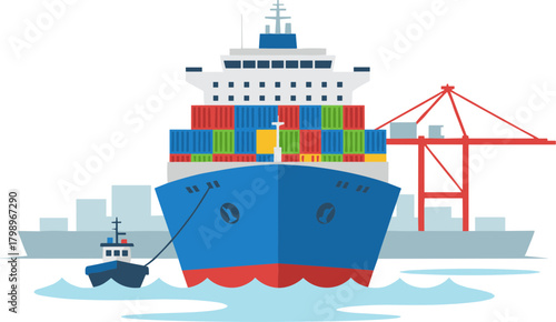 Flat Design Container Ship with Tugboat Transportation and Crane Illustration