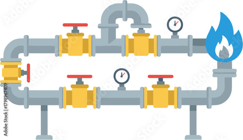 Flat Design Pipeline with Valves and Manometers Industrial System Illustration