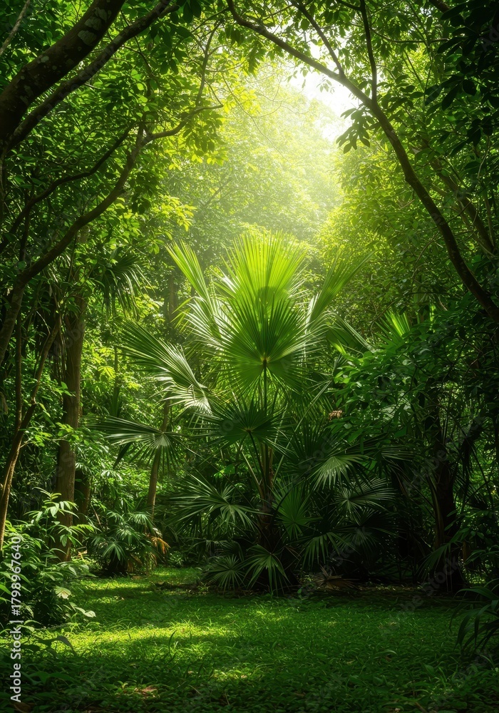 Naklejka premium Lush, sun-drenched tropical jungle landscape during the hot season, showing vibrant green foliage and bright colors ,bright ,outdoor ,summer