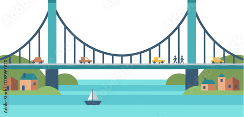 Minimalist Flat Design Suspension Bridge with Vehicles and Sailboat Illustration