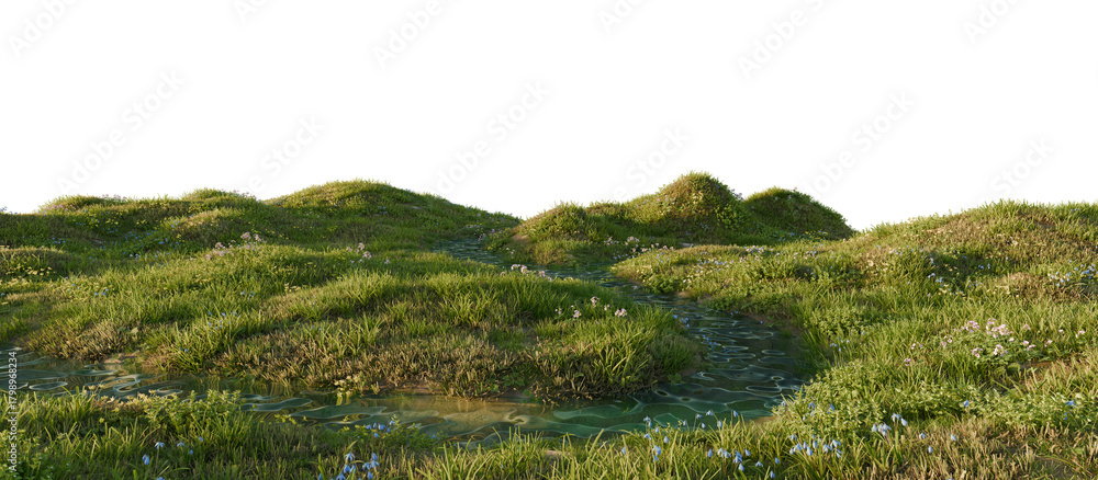 Obraz premium Serene river flowing through a lush green landscape. 3D render. 