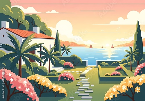 Fototapeta Naklejka Na Ścianę i Meble -  Coastal villa tranquility an idyllic mediterranean home with stunning ocean views and blossoming gardens