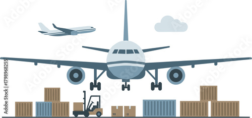 Flat Style Detailed Airplane with Cargo Containers for Air Transportation
