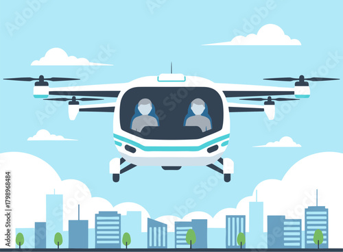 Flat Design Autonomous Air Taxi Service with Passengers Over City Skyline