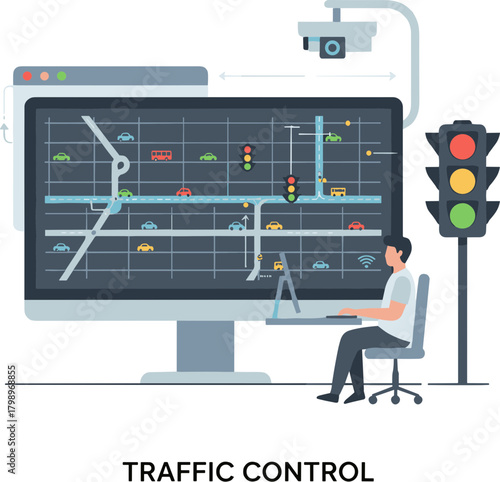 Flat Illustration Man Controlling Road Traffic with Computer and CCTV Camera