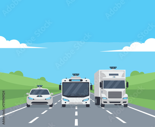 Flat Illustration Autonomous Vehicle Driving on Road Transportation Concept Design