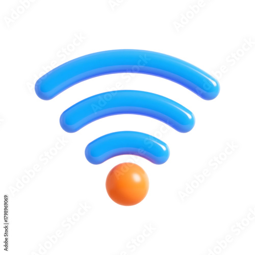 A Blue 3D Wi-Fi Signal Icon with an Orange Orb Isolated on a Transparent Background Showing Wireless Internet Connectivity