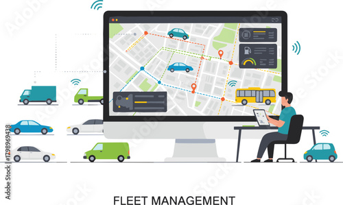 Flat Style Detailed Fleet Management System and Tracking on Desktop Computer