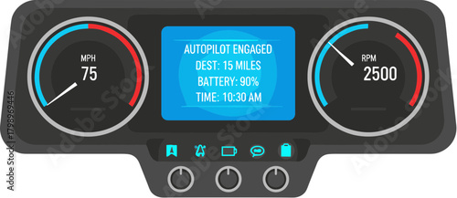 Modern Detailed Car Dashboard Display Interface with Autopilot and Battery Status