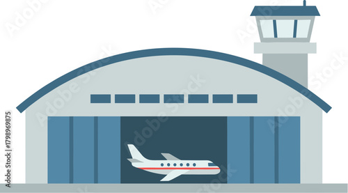 Flat Illustration Airplane Inside Hangar Building With Control Tower
