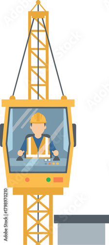 Flat Design Construction Crane Operator Inside Cabin on the Tower Illustration