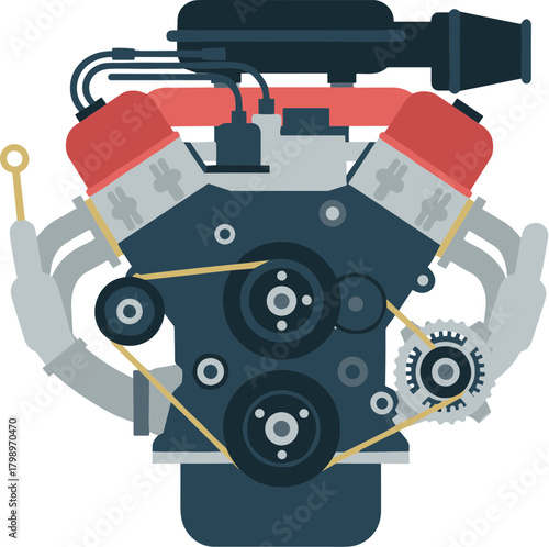 Flat Style Illustration of Internal Combustion Engine System for Automotive Industry