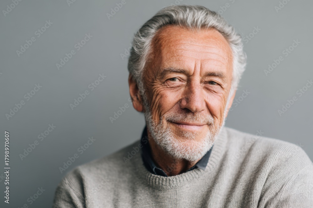 Obraz premium Smiling senior man with grey hair wearing a light sweater against a grey background showcasing warmth and friendliness in a modern portrait style