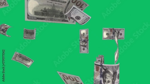 Money falling on green screen for financial success videos