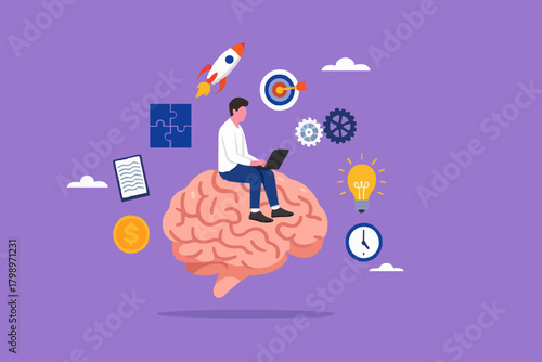 Genius and Expert at learning new skills With Accelerated Learning, intelligence or competence to develop self-capacity, capacity building, man work on human brain with business management elements