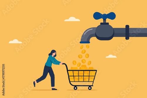 get profits from business or dividends from stock investments, making cash flow, income from affiliate marketing program, businesswoman collects golden coins from the water tap using a shopping cart