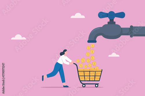 get profits from business or dividends from stock investments, making cash flow, income from affiliate marketing program, businesswoman collects golden coins from the water tap using a shopping cart