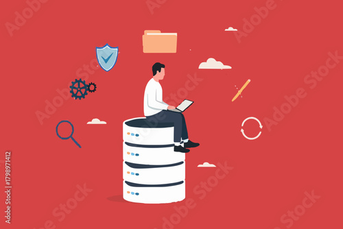 database system, cloud computing technology or file document archive, database administration concept, data network management, security or search, man work with laptop on database server
