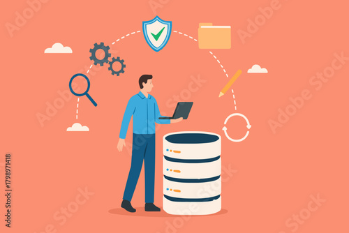 database system, cloud computing technology or file document archive, database administration concept, data network management, security or search, man work with laptop on database server