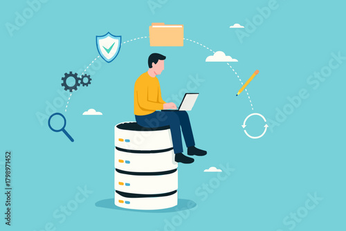 database system, cloud computing technology or file document archive, database administration concept, data network management, security or search, man work with laptop on database server