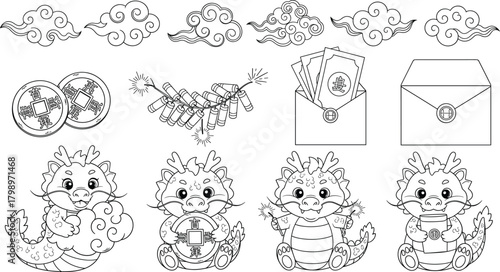 Chinese New Year line art vector—dragons with coins, red envelopes, clouds, and firecrackers for festive storytelling and cultural celebration