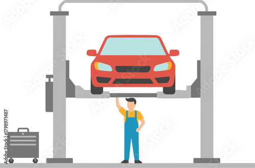 Flat Illustration Automobile Service Scene with Mechanic Underneath Raised Car