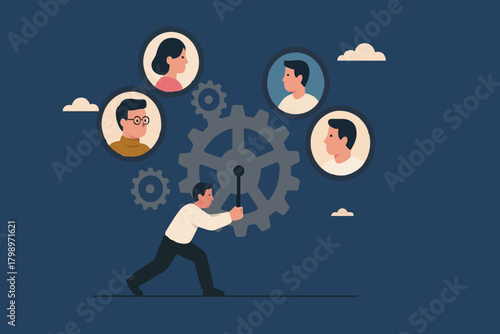 business leadership, skills to direct business operations or design business strategies, business driver or mentor concept, businessman turn gears to move the gears of other employees or staff