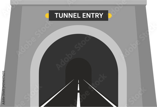 Simple Flat Illustration of Road Tunnel Entrance with Sign and Lights
