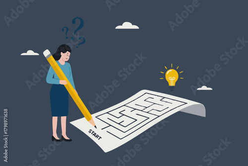 problem solving, businesswoman solving a labyrinth puzzle to get a solution, business people with maze puzzle, logical thinking to solve problem, creative strategy looking for way to success