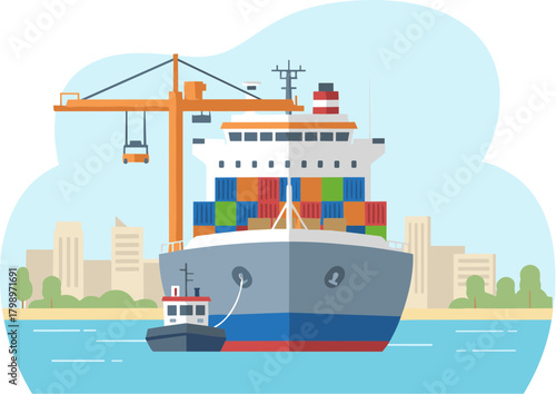 Simple Flat Cargo Ship with Crane Unloading Containers in City Illustration