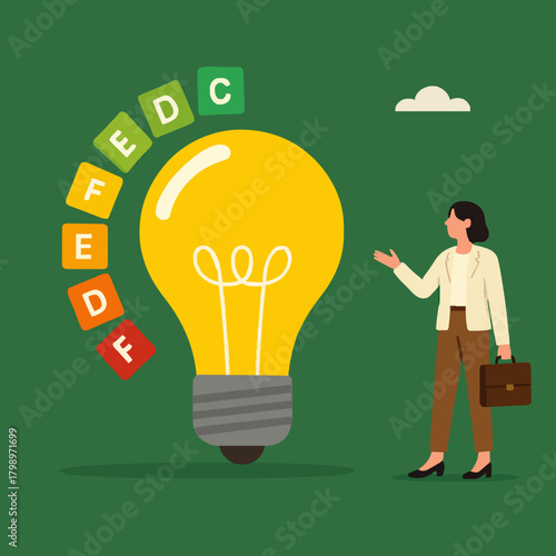 energy efficiency, energy saving level on a home or industrial scale, woman presents lightbulb with energy efficient rating class to save cost green energy