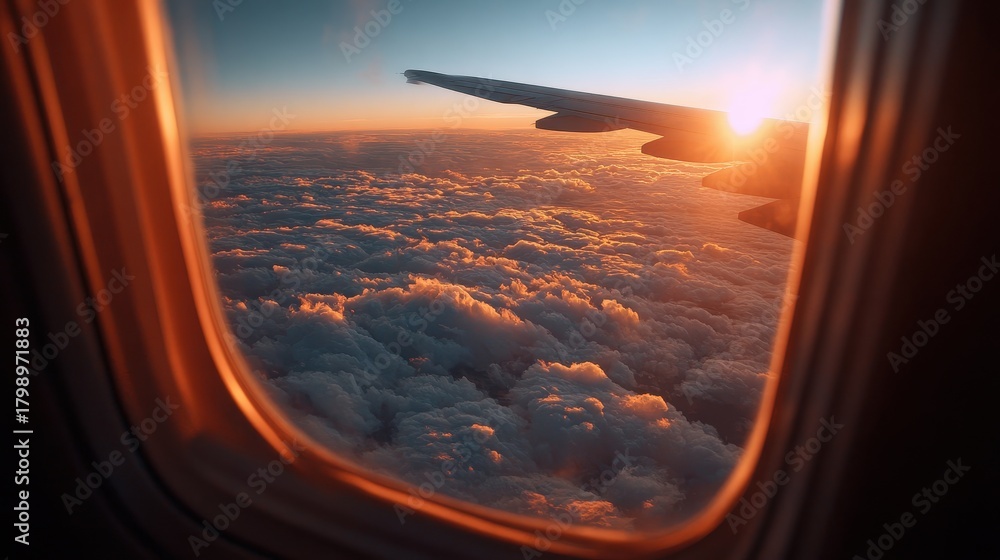 Fototapeta premium Amazing view from airplane window during flight at sunset with colorful clouds and soft sunlight illuminating the sky