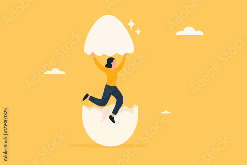 beginners businesswoman, beginner in starting a new business, newbie business woman comes out of a hatched egg concept vector illustration