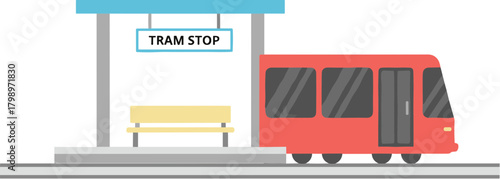 Flat Design Detailed Tram Stop Public Transportation City Illustration