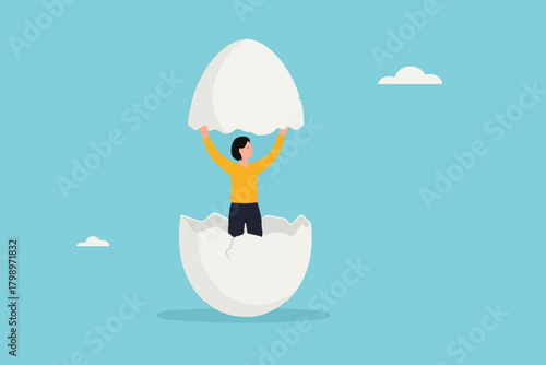 beginners businesswoman, beginner in starting a new business, newbie business woman comes out of a hatched egg concept vector illustration