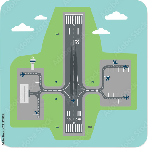 Flat Style Detailed Airport Runway with Airplane Transportation Illustration