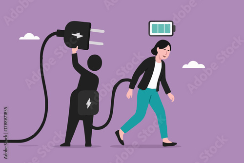 recharge energy or restore enthusiasm for work, refreshing from overwork or tiring activities, woman connects electrical plug to power source to recharge low battery exhausted woman worker