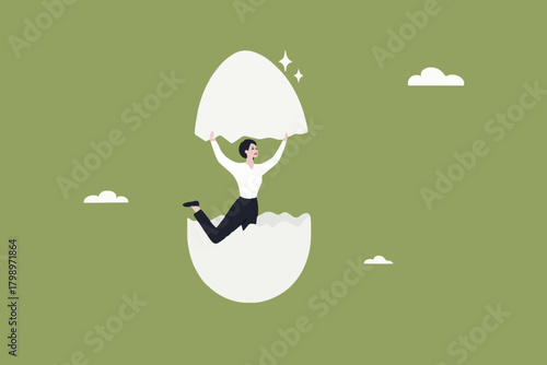 beginners businesswoman, beginner in starting a new business, newbie business woman comes out of a hatched egg concept vector illustration