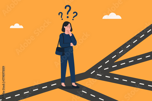 confused businesswoman in determining career path, make a career path decision, choosing concept, confused businesswoman standing at a crossroads determining the direction of her career path