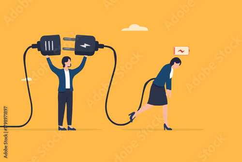 recharge energy or restore enthusiasm for work, refreshing from overwork or tiring activities, woman connects electrical plug to power source to recharge low battery exhausted woman worker