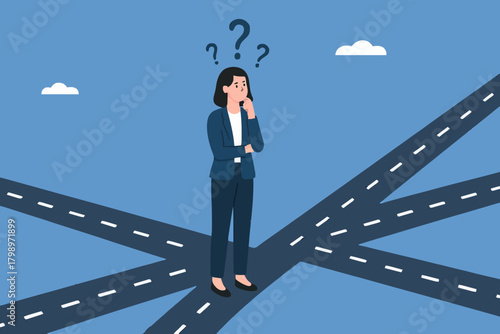 confused businesswoman in determining career path, make a career path decision, choosing concept, confused businesswoman standing at a crossroads determining the direction of her career path