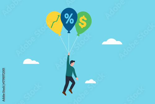 return on investment or dividend leads to financial freedom, compound interest growth on capital, successful investment strategy, businessman flying using balloon with dollar icon and growth graph