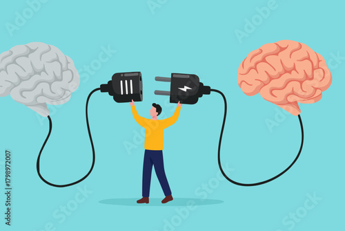 give education, Provide education for human, Obtain knowledge and skills, Mentor and intern, coach and trainee, man connect plug with stupid brain to smart brain concept vector illustration flat style