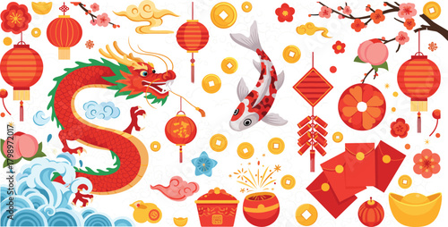 Chinese New Year icon set—dragon, koi fish, lanterns, firecrackers, red envelopes, fruits, and rice bowl for festive celebration visuals