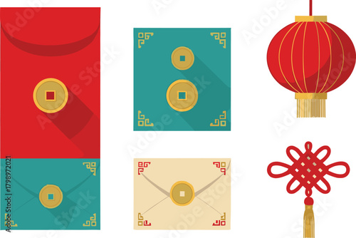 Chinese New Year icon set—red envelopes, lantern, knot ornament, and coin motifs for prosperity and festive celebration visuals