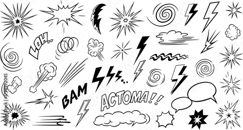 Vector Illustration of Dynamic Comic Book Action Elements Set: Explosions, Speech Bubbles, Sound Effects, and Speed Lines
