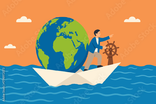 save the world from global warming or climate change, protect the earth from sinking due to melting polar ice, man pilots a ship that carries the earth to save it from sinking