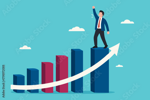 growth to achieve goals or career success, business growth on target concept, success step to reach goal, businessman standing on top of business growth chart while carrying dart boards