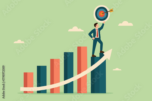growth to achieve goals or career success, business growth on target concept, success step to reach goal, businessman standing on top of business growth chart while carrying dart boards