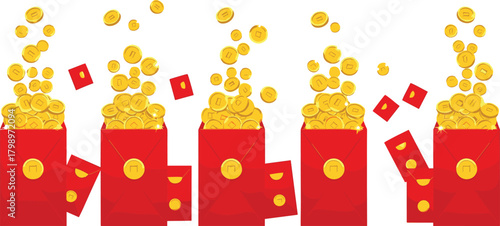 Chinese New Year red envelope vector—five hongbao with gold coins and red cards for prosperity and festive gifting visuals